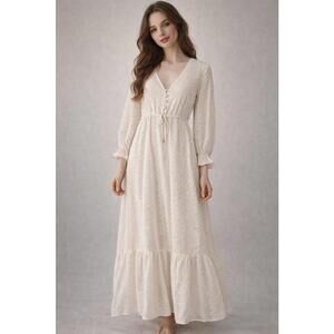 Zara Ivory Swiss Dot Maxi Dress XS Boho Cottagecore Long Sleeve Button Front